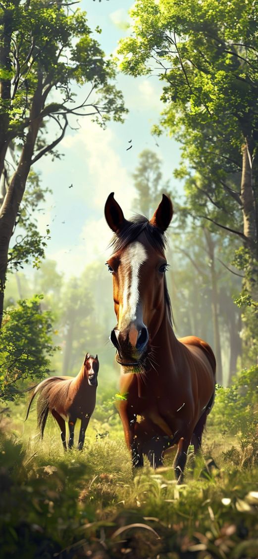 Horses And Trees Photorealistic Wallpaper