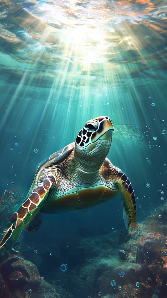 Sea Turtle Swimming Sunbeams Underwater Photorealistic Wallpaper