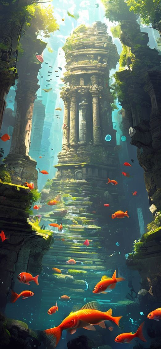 Sunken Ancient Temple Fish Swimming Digital art Wallpaper