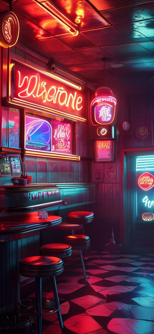 Retro Diner Neon Signs Chrome Photorealistic Wallpaper