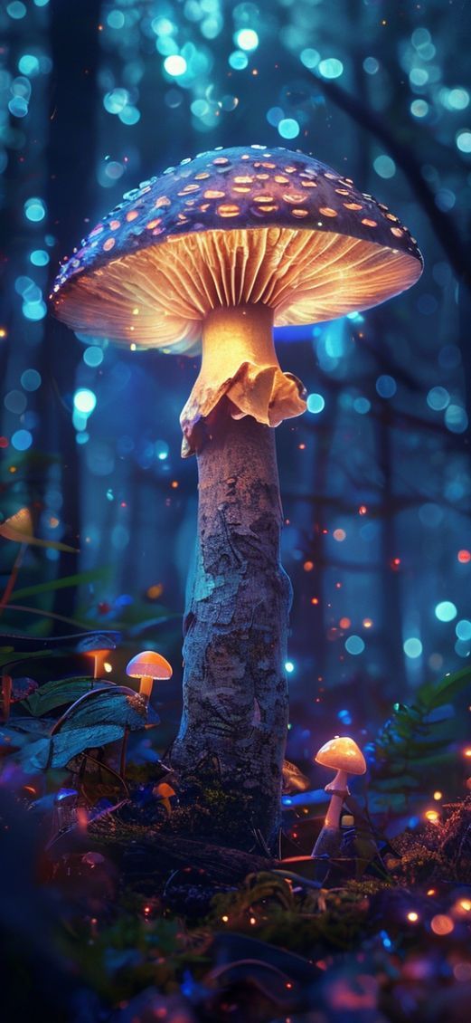 Bioluminescent Mushroom Forest At Night Photorealistic Wallpaper