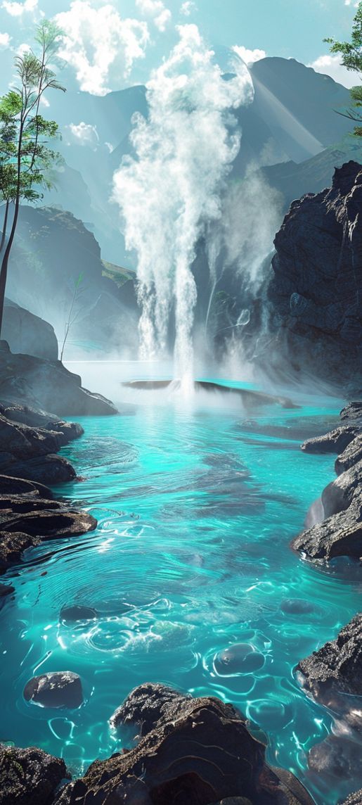 Volcanic Hot Springs Steam Rising Photorealistic Wallpaper