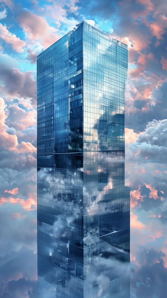 Glass Skyscraper Reflections Clouds Warped Photorealistic Wallpaper