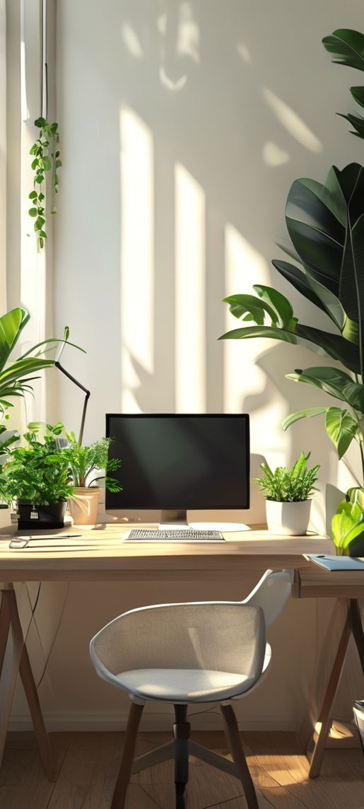 Minimalist Desk Setup Plants Morning Photorealistic Wallpaper
