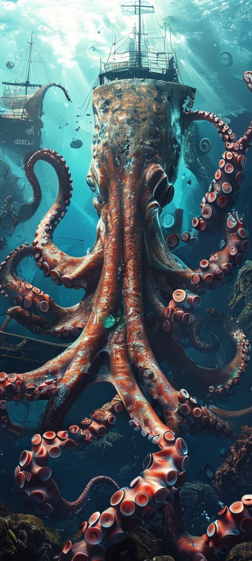 Giant Octopus Shipwreck Deep Ocean Digital art Wallpaper