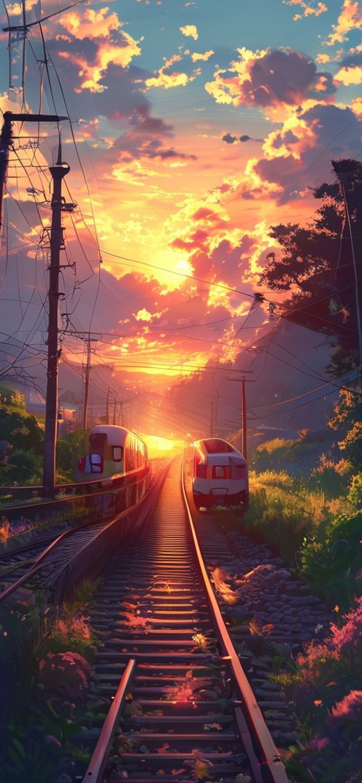 Train Crossing Rural Japan Sunset Anime Wallpaper
