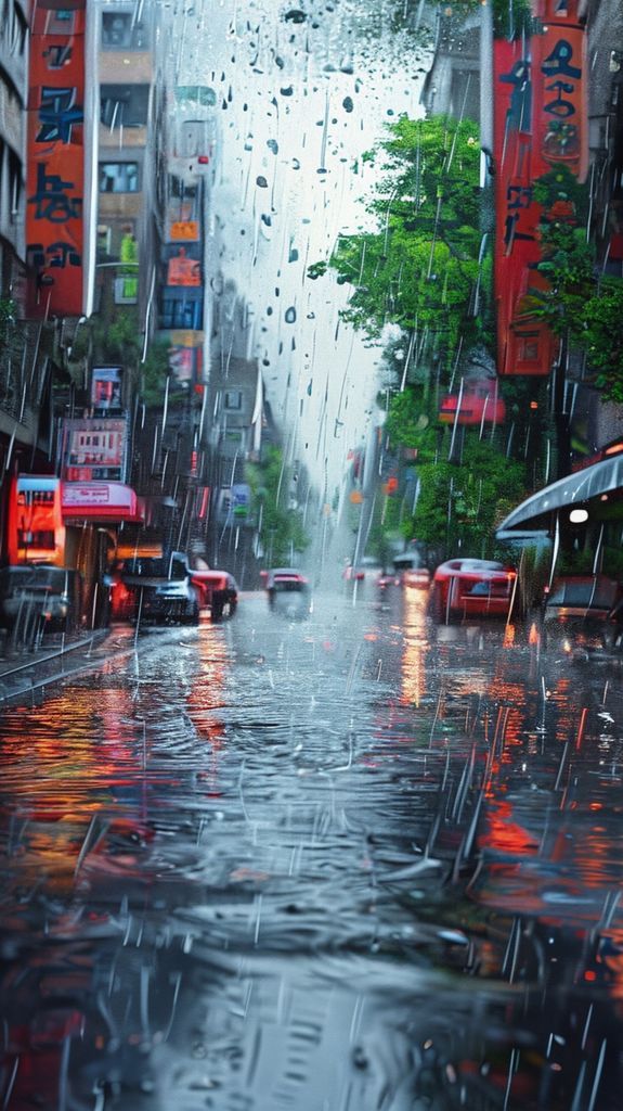 Monsoon Rain Heavy Downpour Street Photorealistic Wallpaper