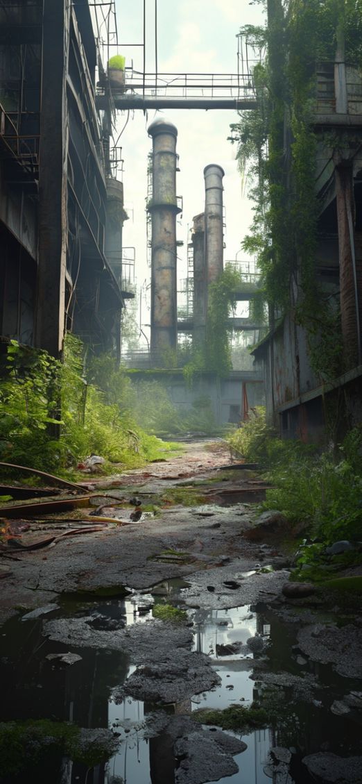 Abandoned Factory Nature Reclaiming Industrial Photorealistic Wallpaper