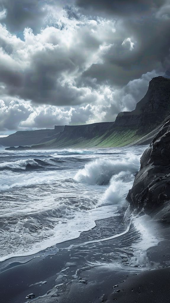 Icelandic Black Sand Beach Waves Photorealistic Wallpaper