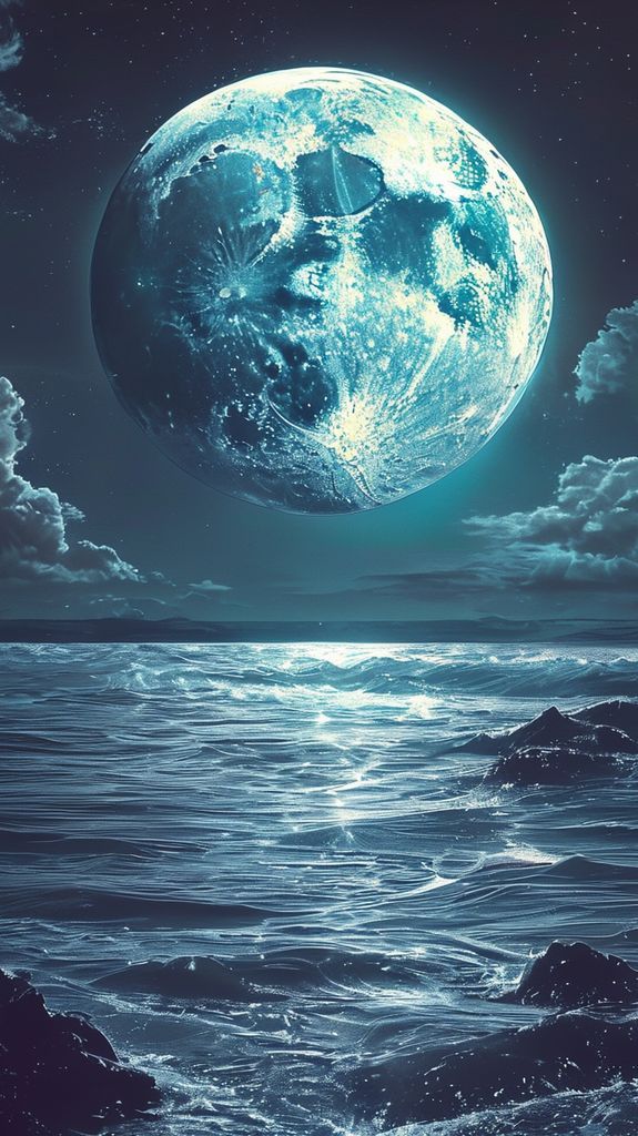 Giant Moon Touching Ocean Surface Digital art Wallpaper
