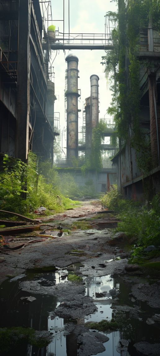 Abandoned Factory Nature Reclaiming Industrial Photorealistic Wallpaper
