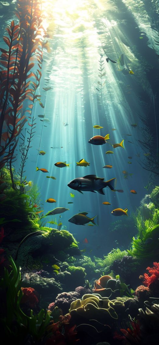 Underwater Forest Kelp Swaying Fish Photorealistic Wallpaper