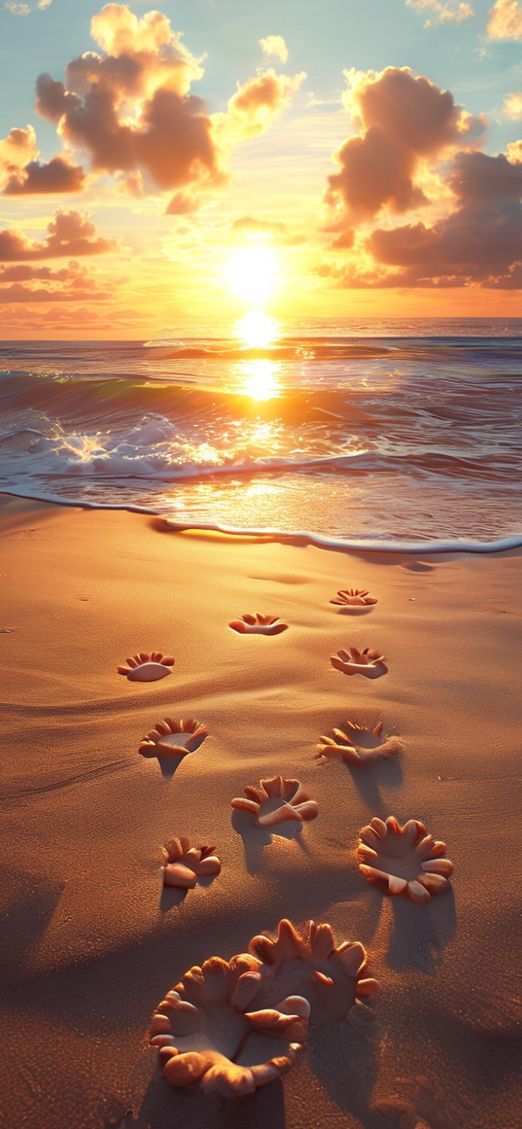 Summer Beach Golden Hour Footprints Photorealistic Wallpaper
