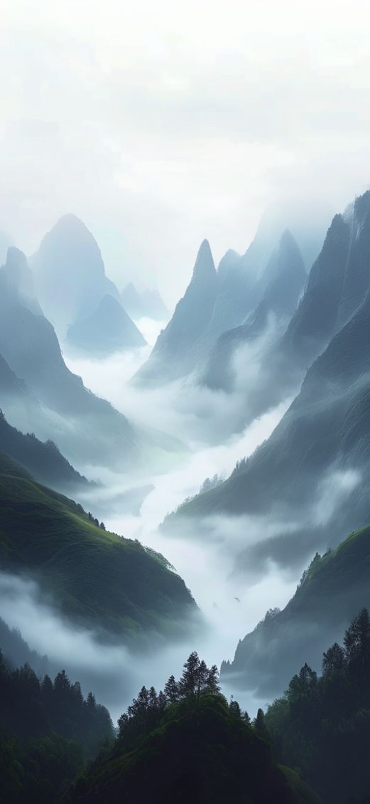 Fog Rolling Over Mountains Valley Photorealistic Wallpaper