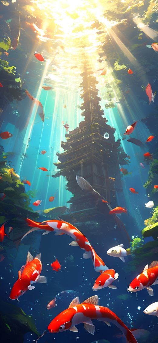 Underwater Shrine Koi Fish Swimming Anime Wallpaper