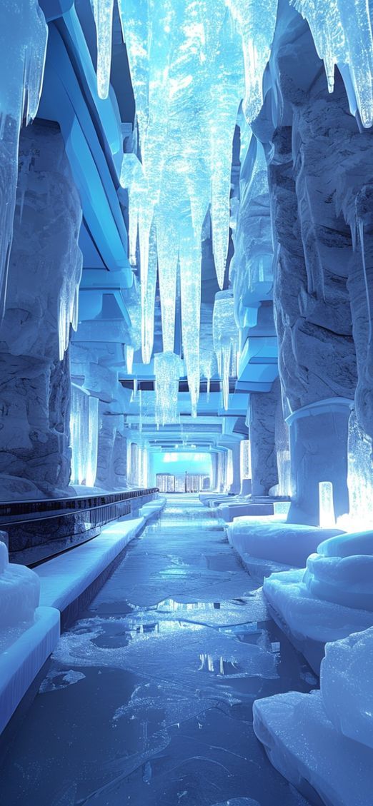 Ice Hotel Interior Frozen Sculptures Photorealistic Wallpaper