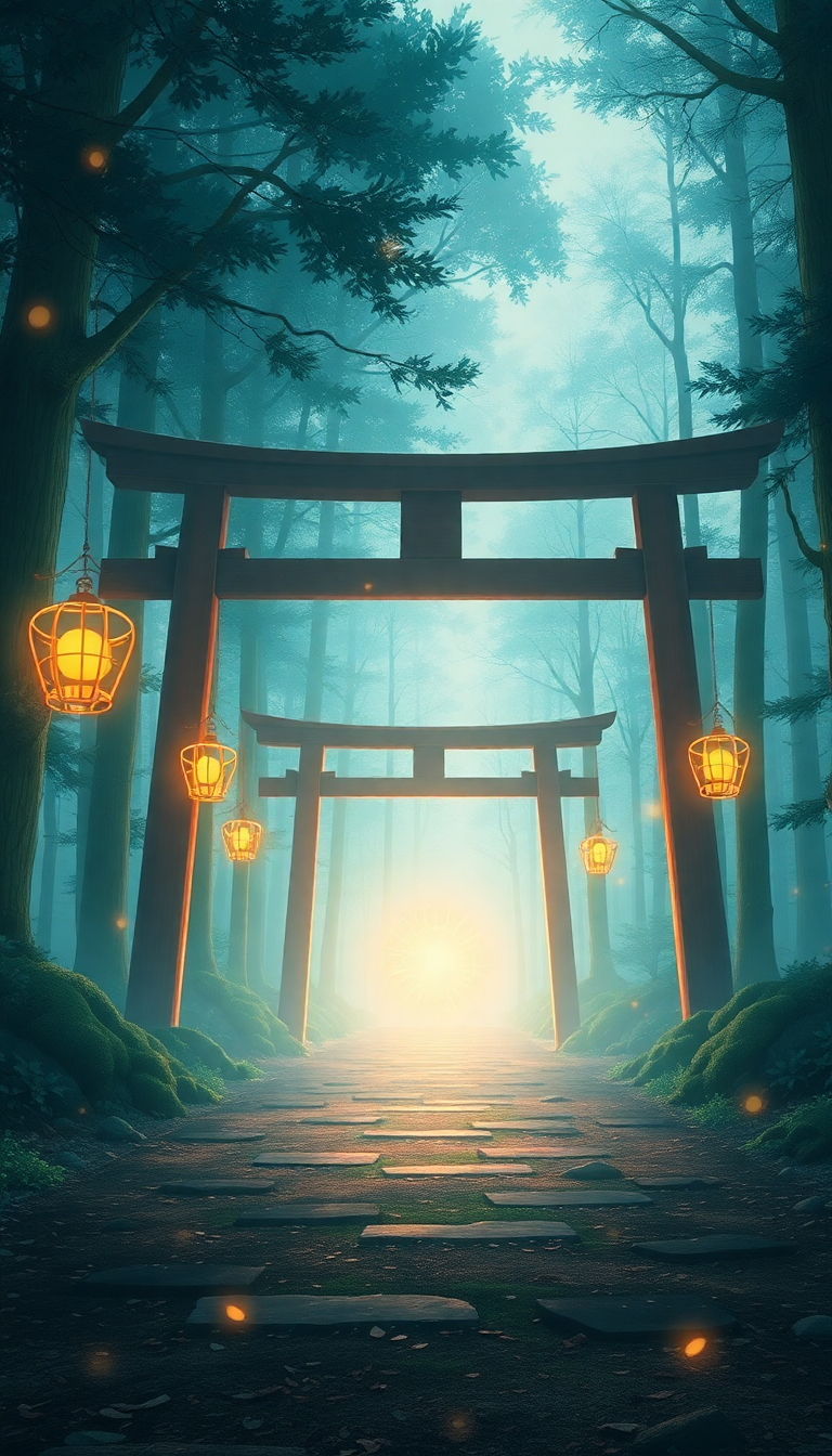 Spirit Forest Glowing Creatures Torii Anime Wallpaper