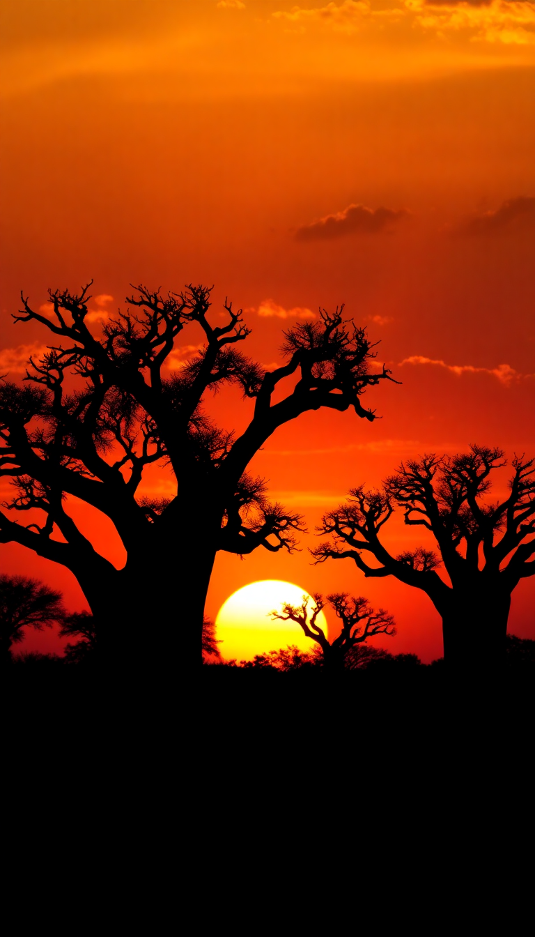 Baobab Trees Silhouette African Sunset Photorealistic Wallpaper
