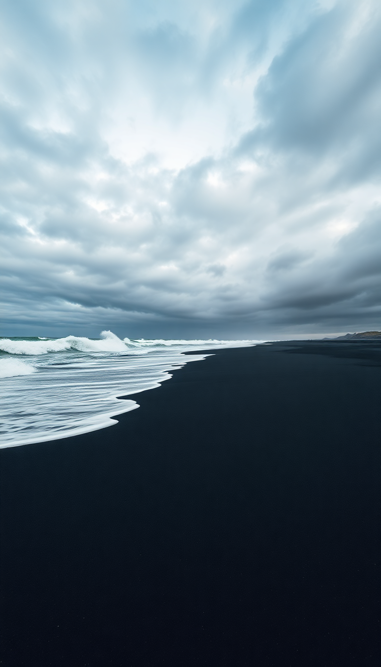 Icelandic Black Sand Beach Waves Photorealistic Wallpaper