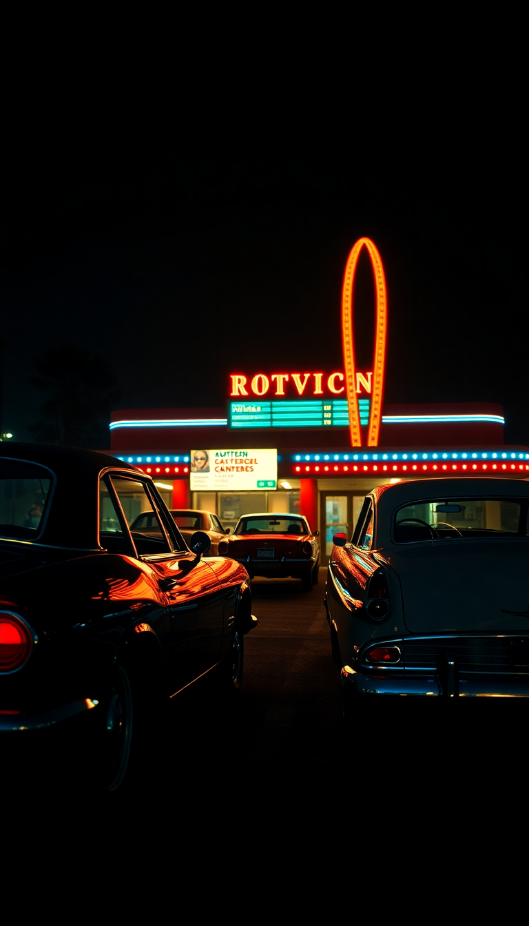 Drive-in Movie Theater Night Classic Photorealistic Wallpaper
