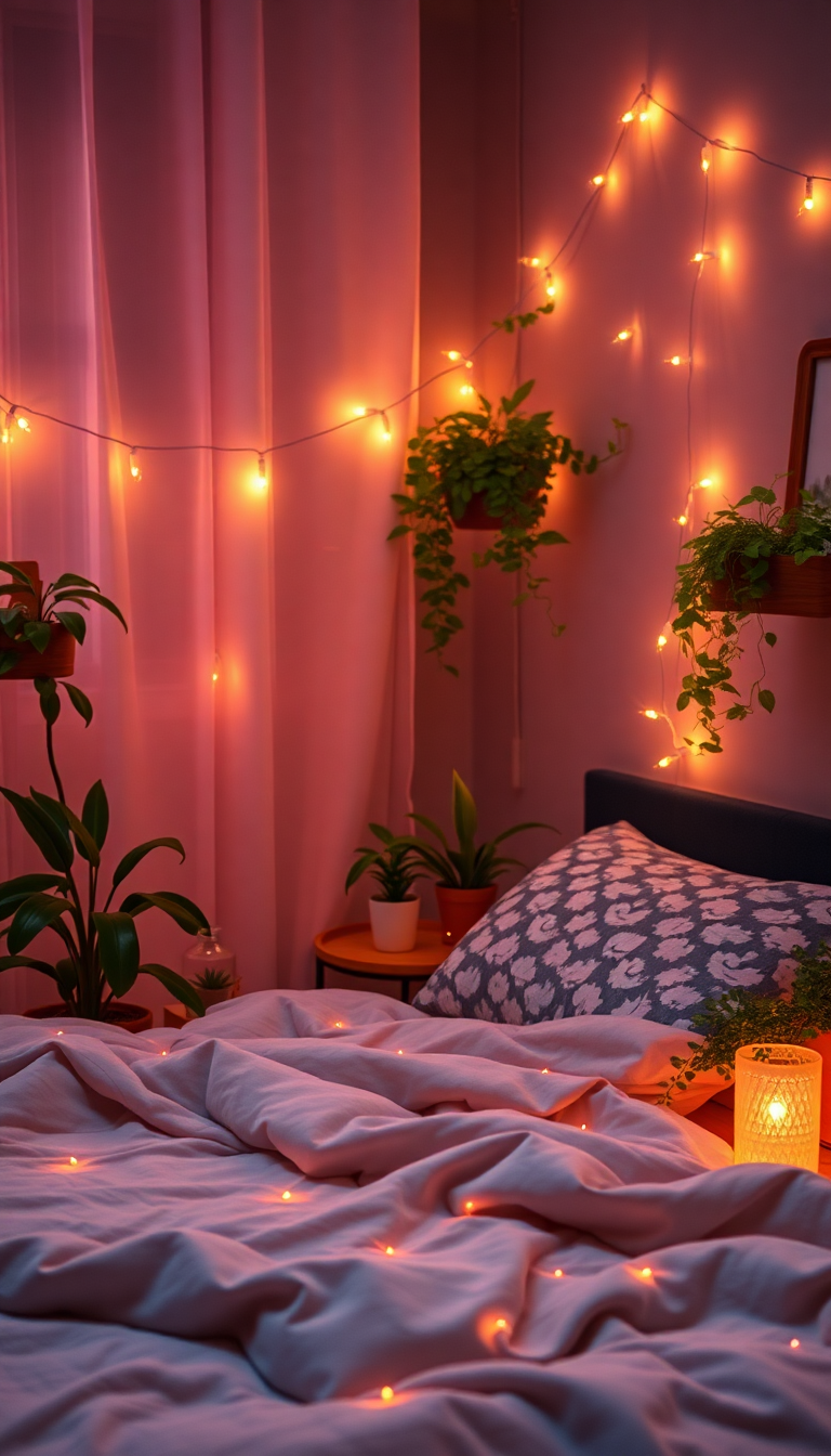 Indie Bedroom Fairy Lights Plants Photorealistic Wallpaper