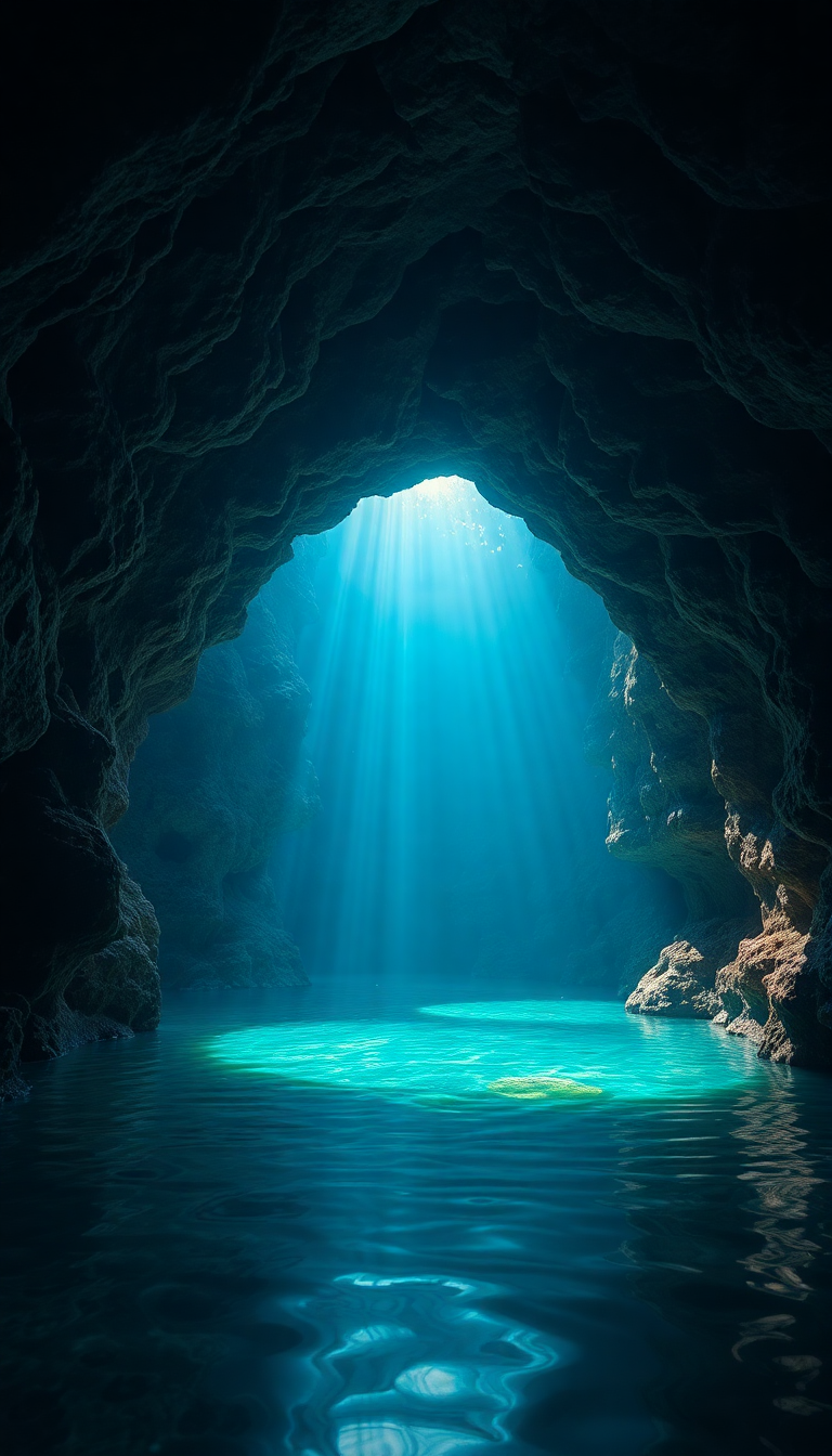 Underwater Cave Entrance Light Streaming Photorealistic Wallpaper