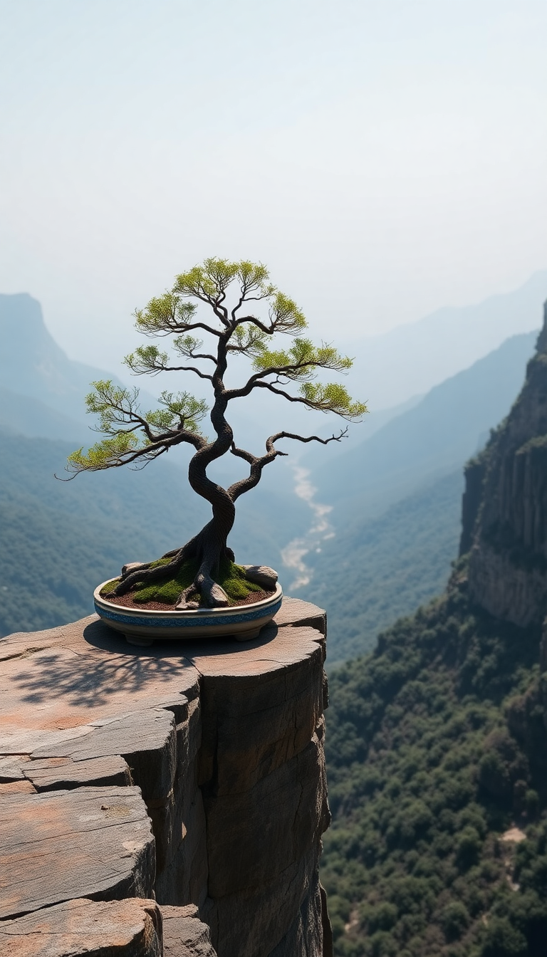 Bonsai Tree On Cliff Edge Minimalist Wallpaper