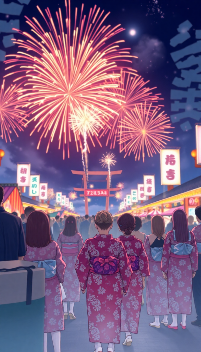 Summer Festival Fireworks Yukata Crowd Anime Wallpaper