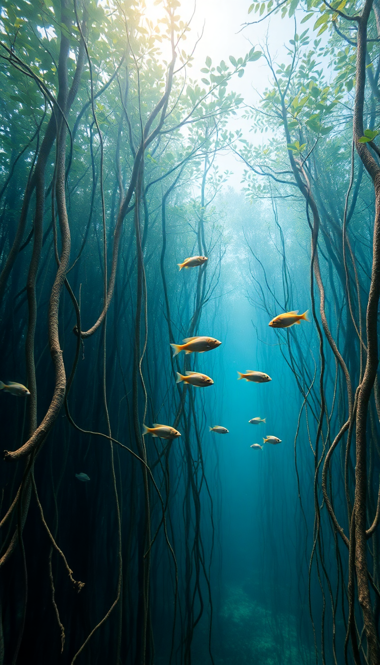 Mangrove Forest Roots Underwater Fish Photorealistic Wallpaper