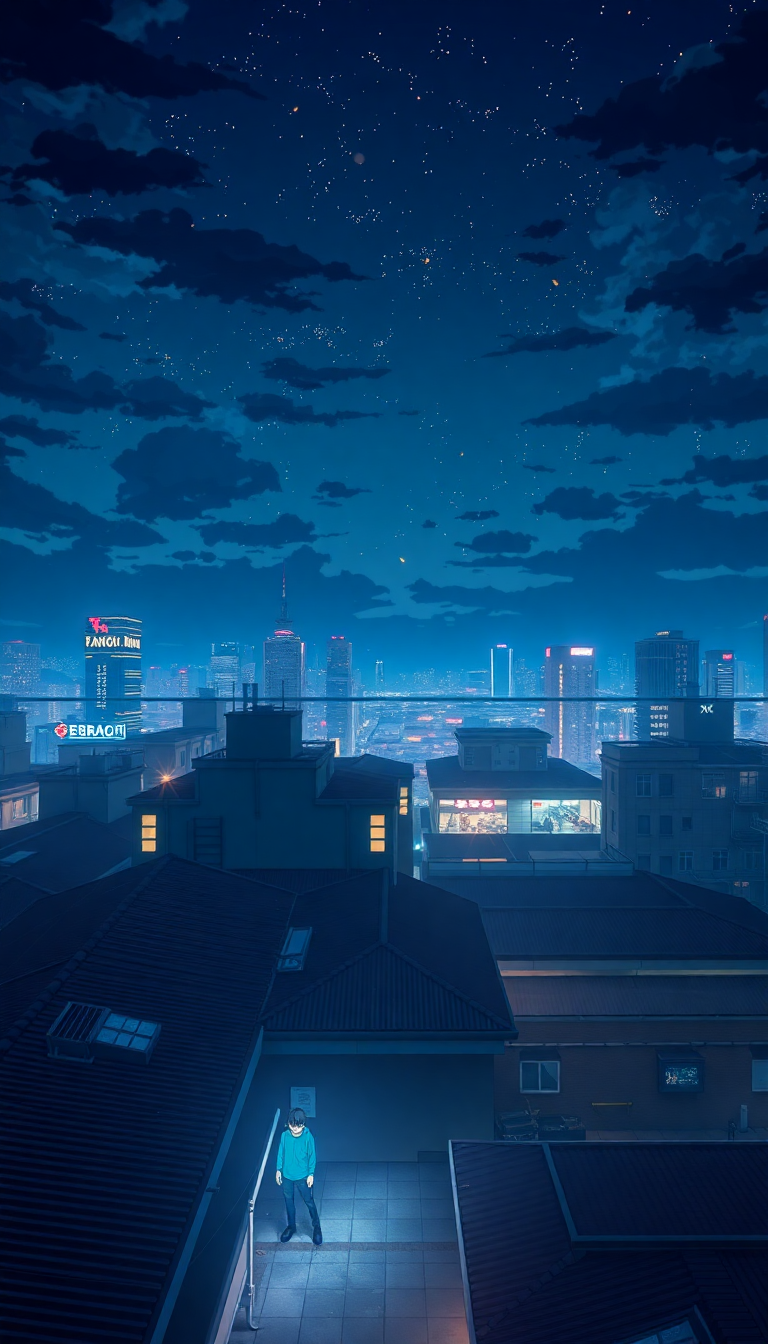 Rooftop At Night City Lights Anime Wallpaper