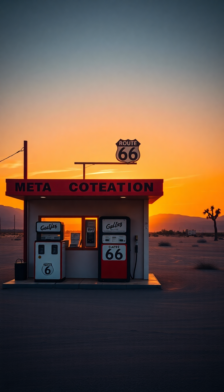 Old Gas Station Desert Route Photorealistic Wallpaper