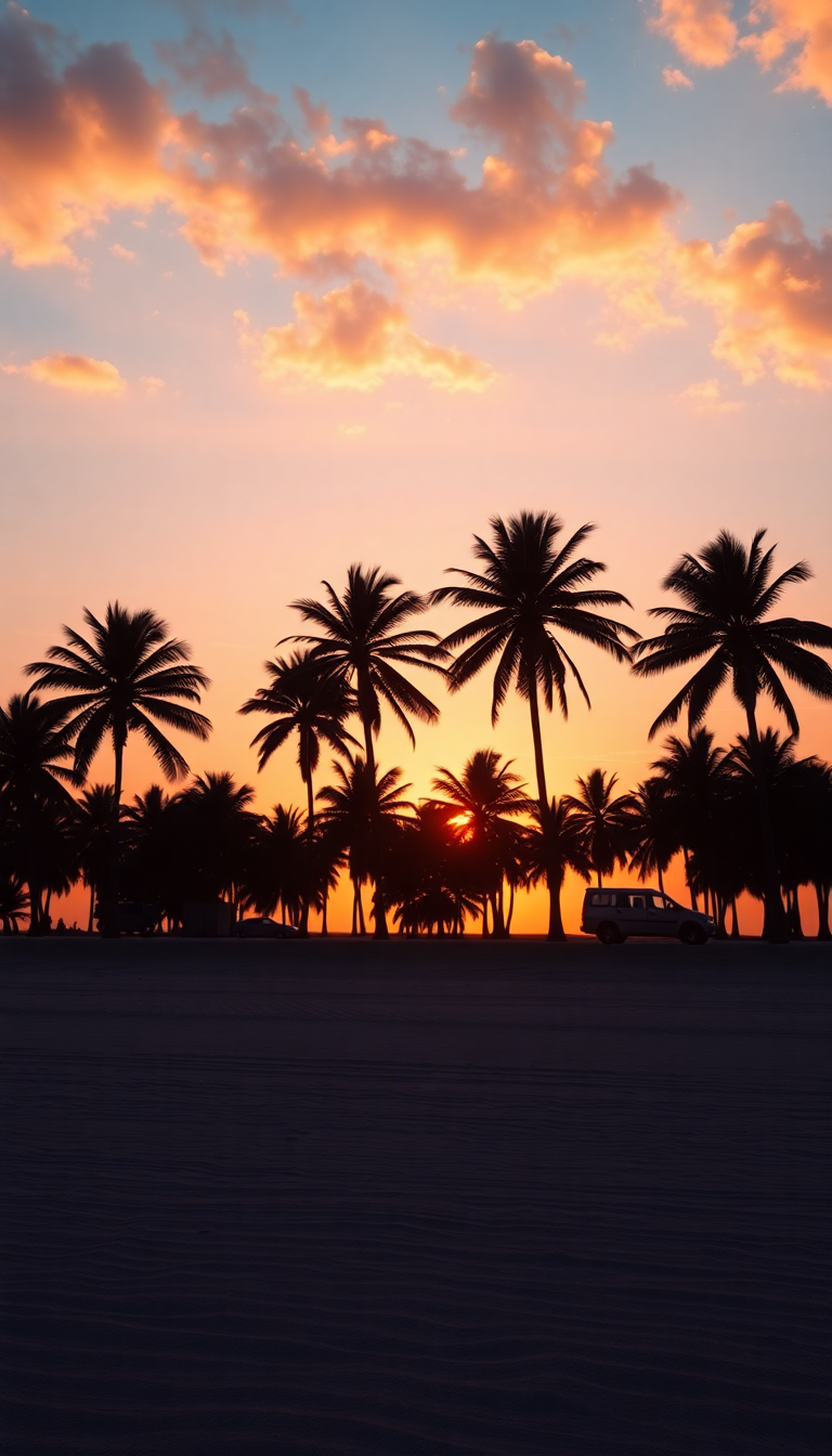Summer Sunset Beach Silhouette Palm Photorealistic Wallpaper