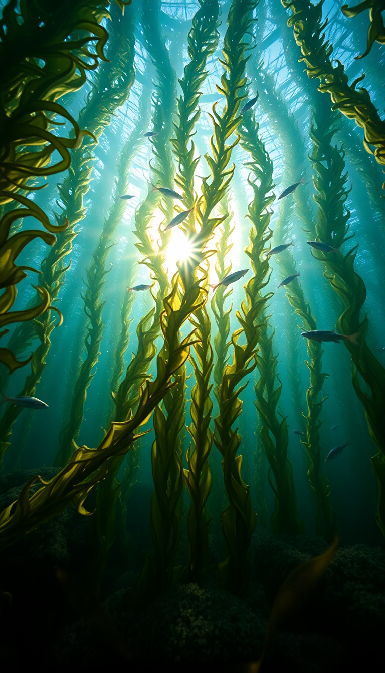 Underwater Forest Kelp Swaying Fish Photorealistic Wallpaper