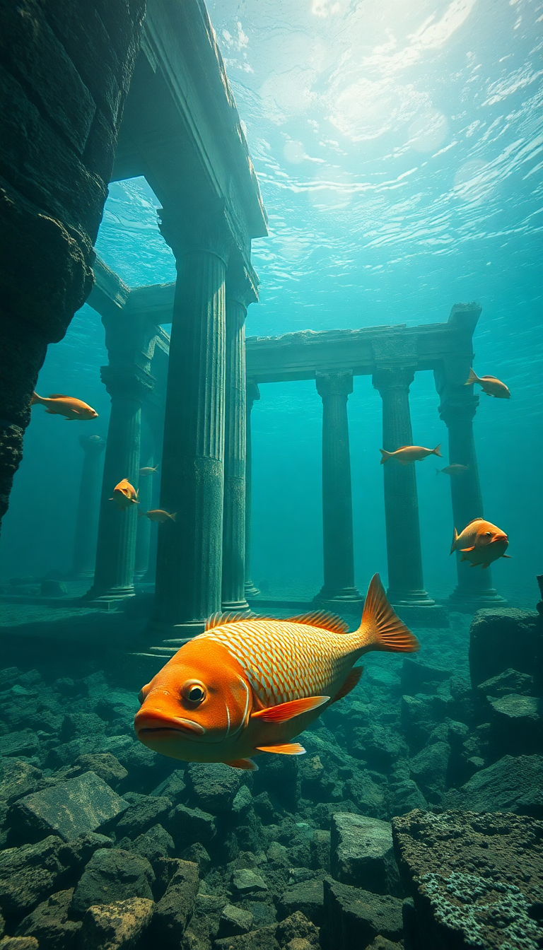 Sunken Ancient Temple Fish Swimming Digital art Wallpaper