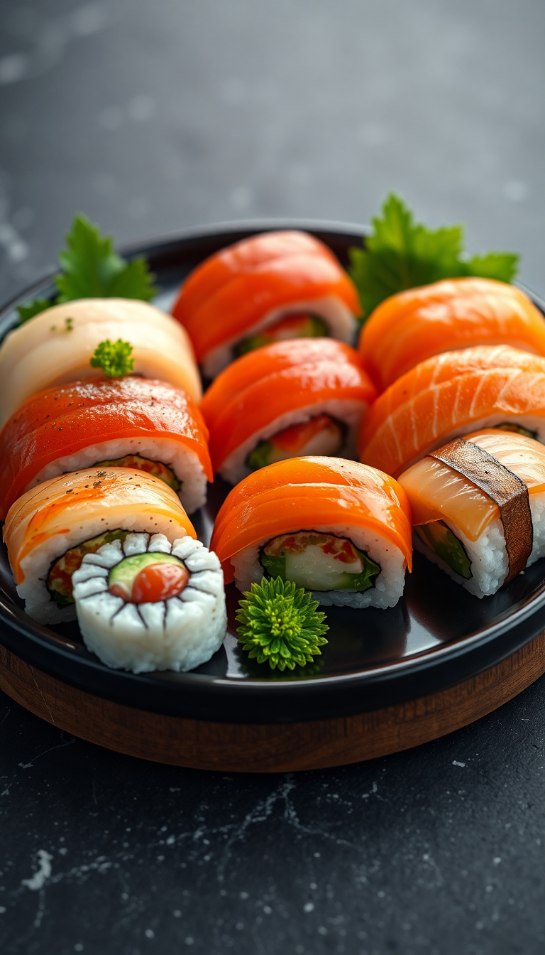 Fresh Sushi Arrangement Artistic Plating Photorealistic Wallpaper