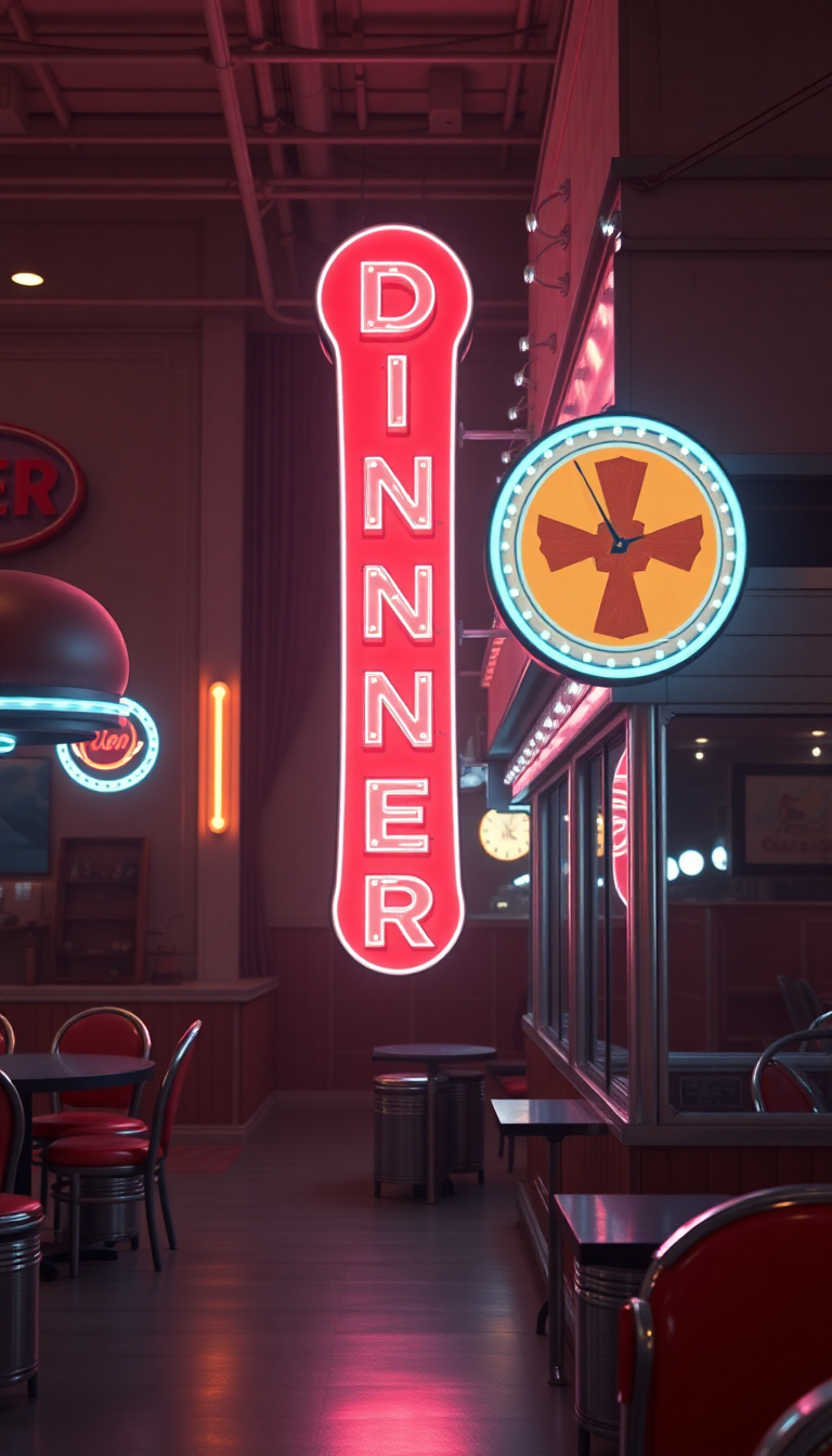 Retro Diner Neon Signs Chrome Photorealistic Wallpaper