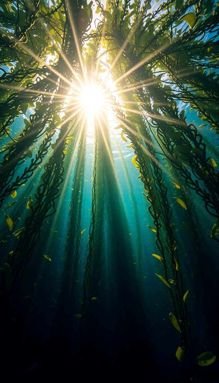 Underwater Kelp Forest Sun Rays Photorealistic Wallpaper