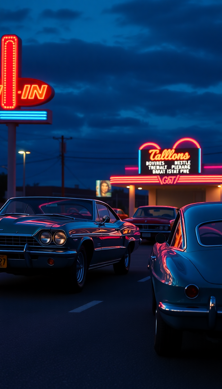 Drive-in Movie Theater Night Classic Photorealistic Wallpaper