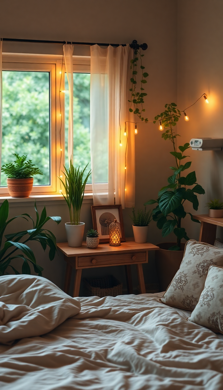 Indie Bedroom Fairy Lights Plants Photorealistic Wallpaper