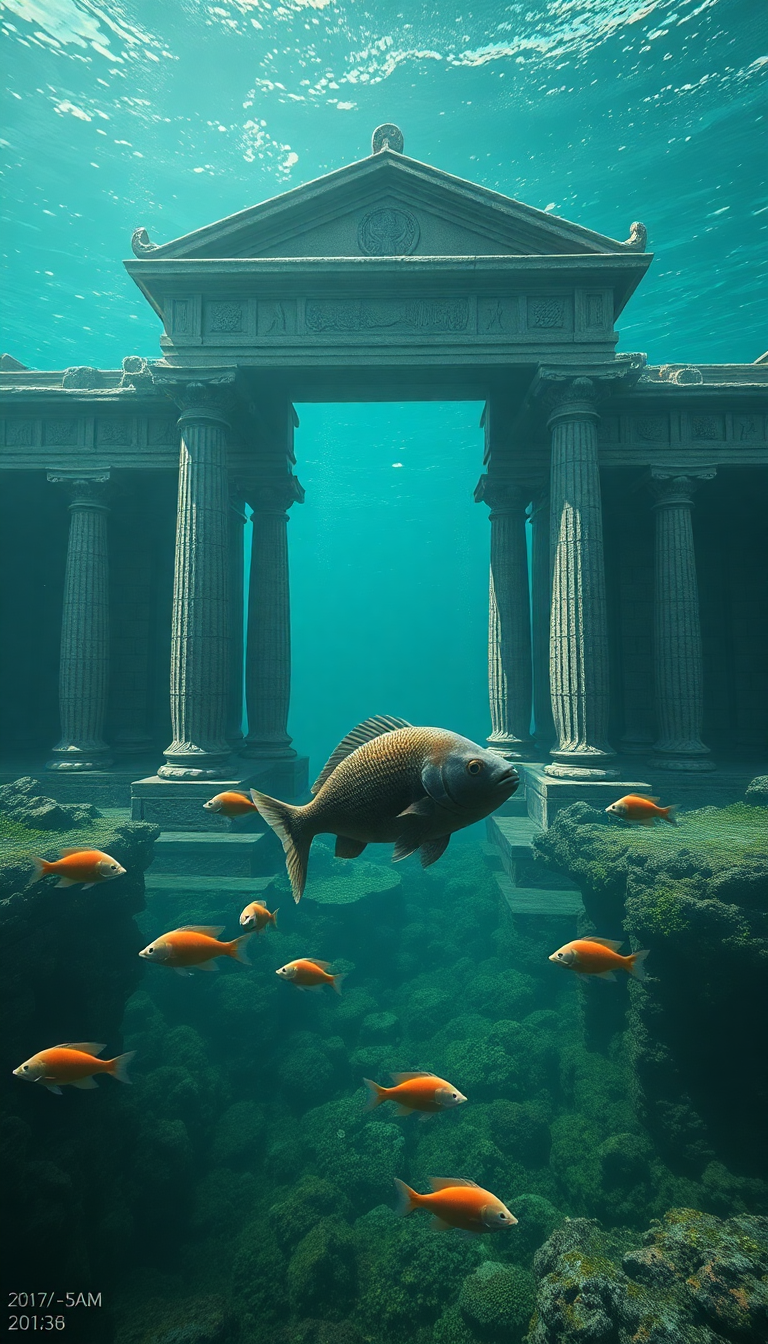 Sunken Ancient Temple Fish Swimming Digital art Wallpaper