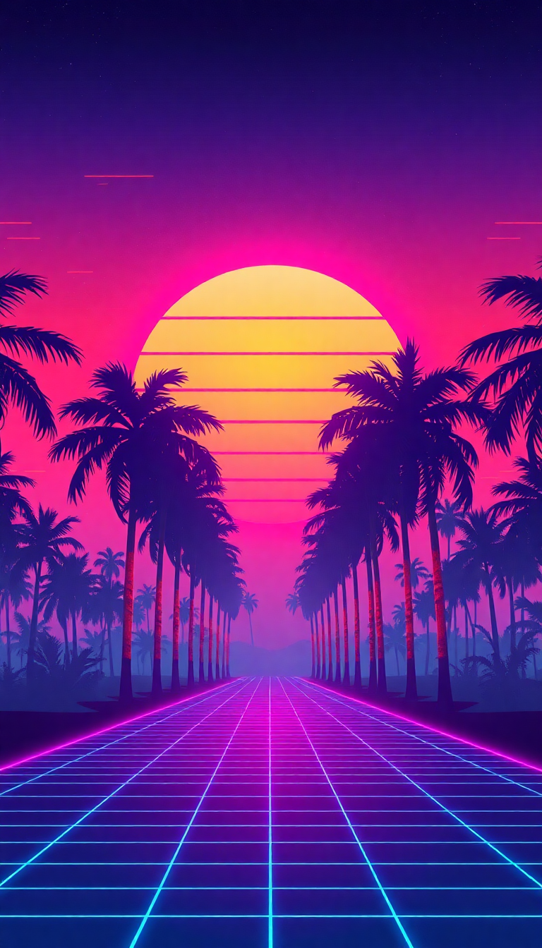 80s Synthwave Grid Sunset Palm Digital art Wallpaper