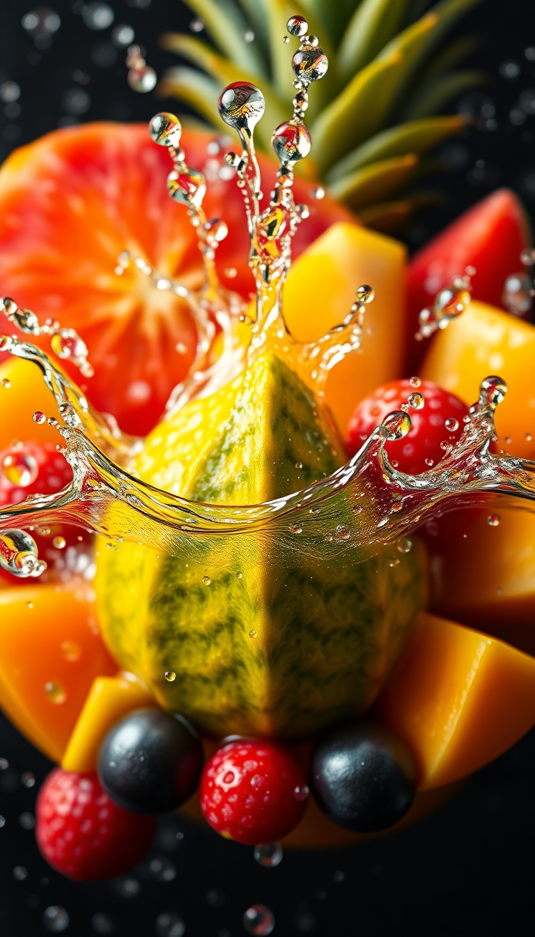 Tropical Fruit Splash Water Droplets Photorealistic Wallpaper