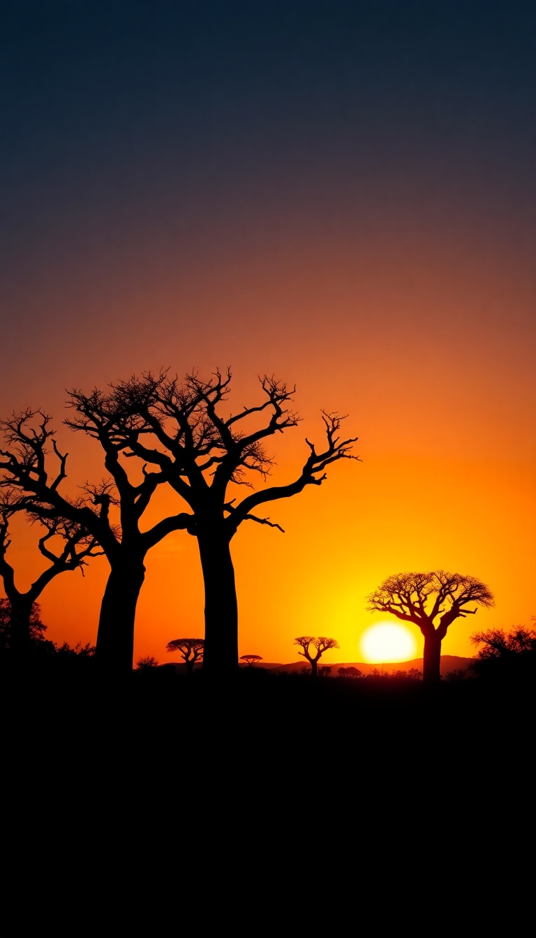 Baobab Trees Silhouette African Sunset Photorealistic Wallpaper