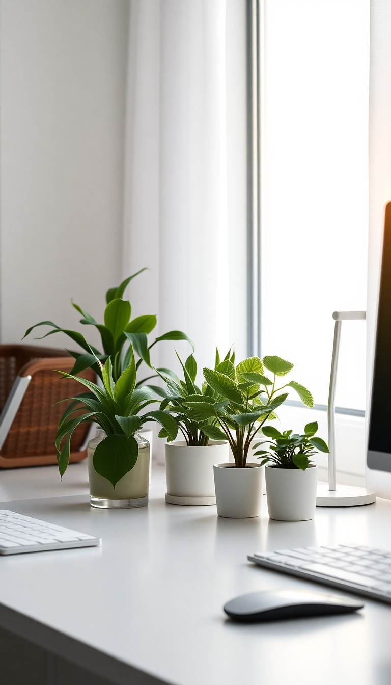 Minimalist Desk Setup Plants Morning Photorealistic Wallpaper