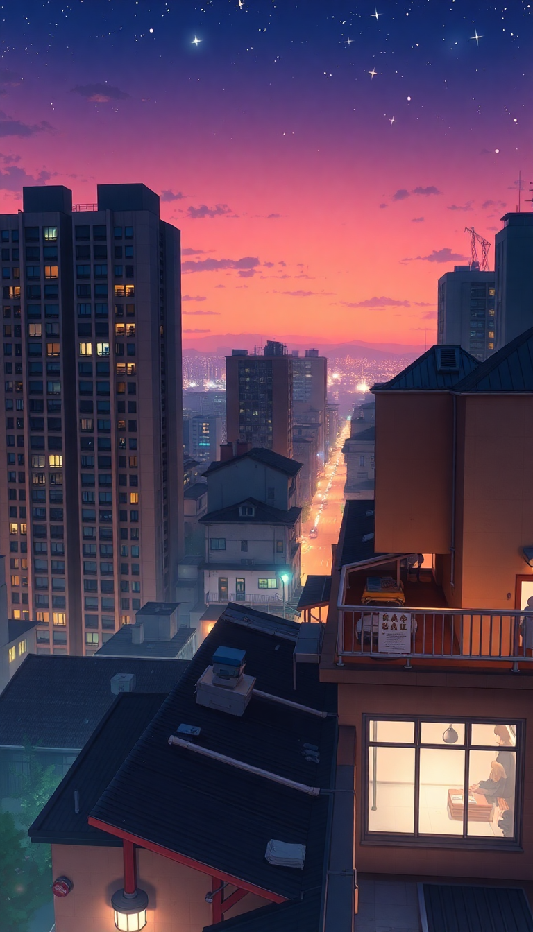 Rooftop At Night City Lights Anime Wallpaper