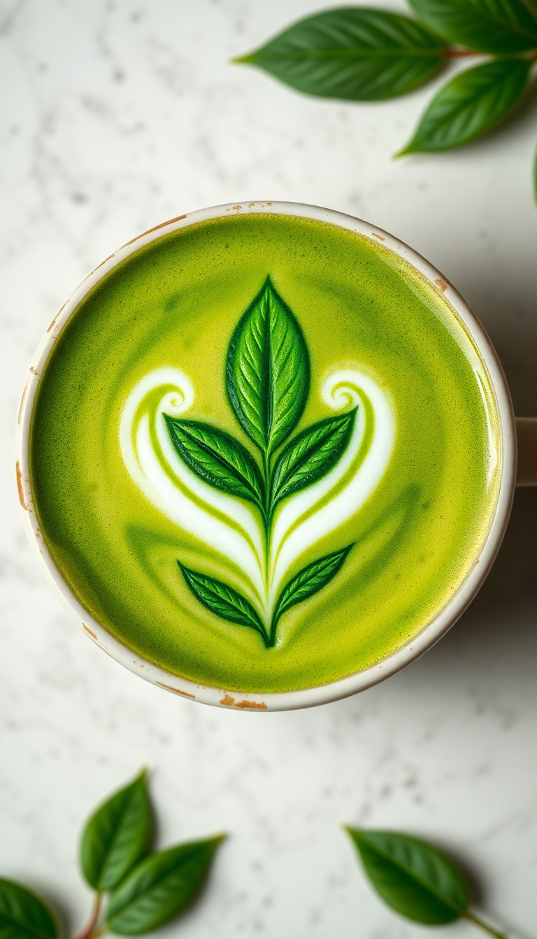 Matcha Latte Art Leaf Pattern Photorealistic Wallpaper