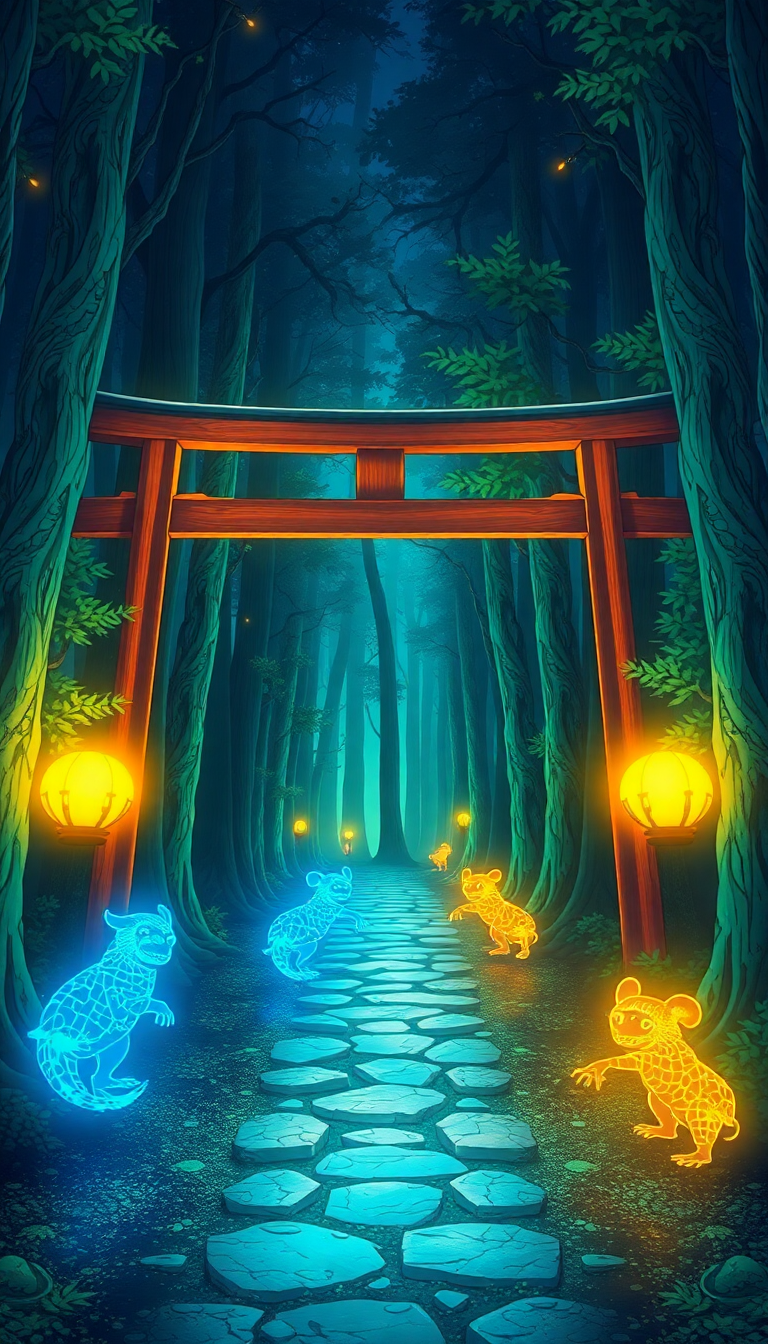 Spirit Forest Glowing Creatures Torii Anime Wallpaper