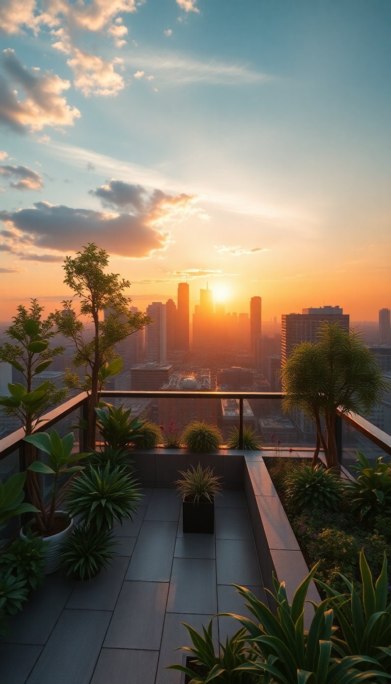 Rooftop Garden Oasis Above City Photorealistic Wallpaper