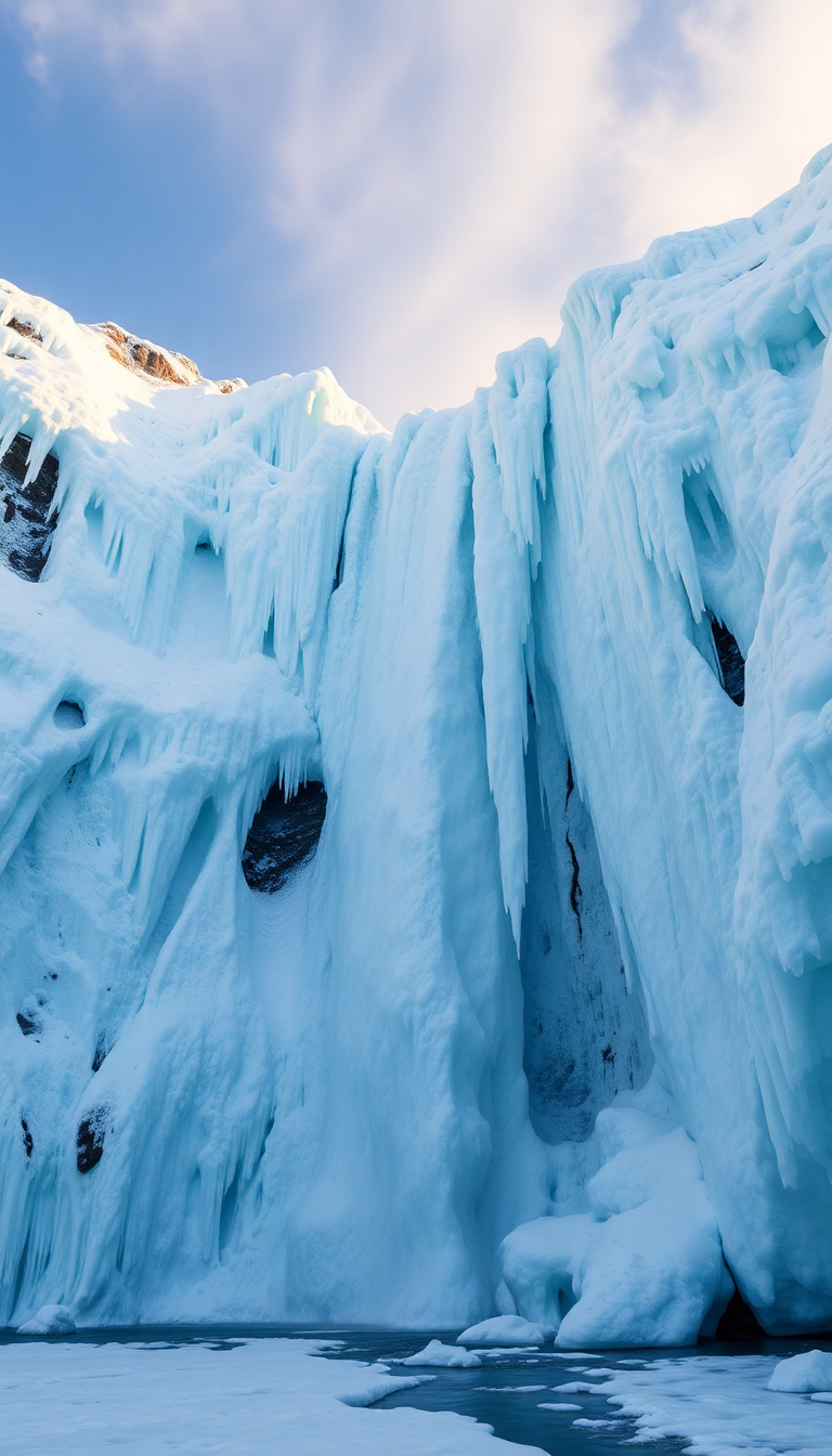 Frozen Waterfall Ice Formations Winter Photorealistic Wallpaper