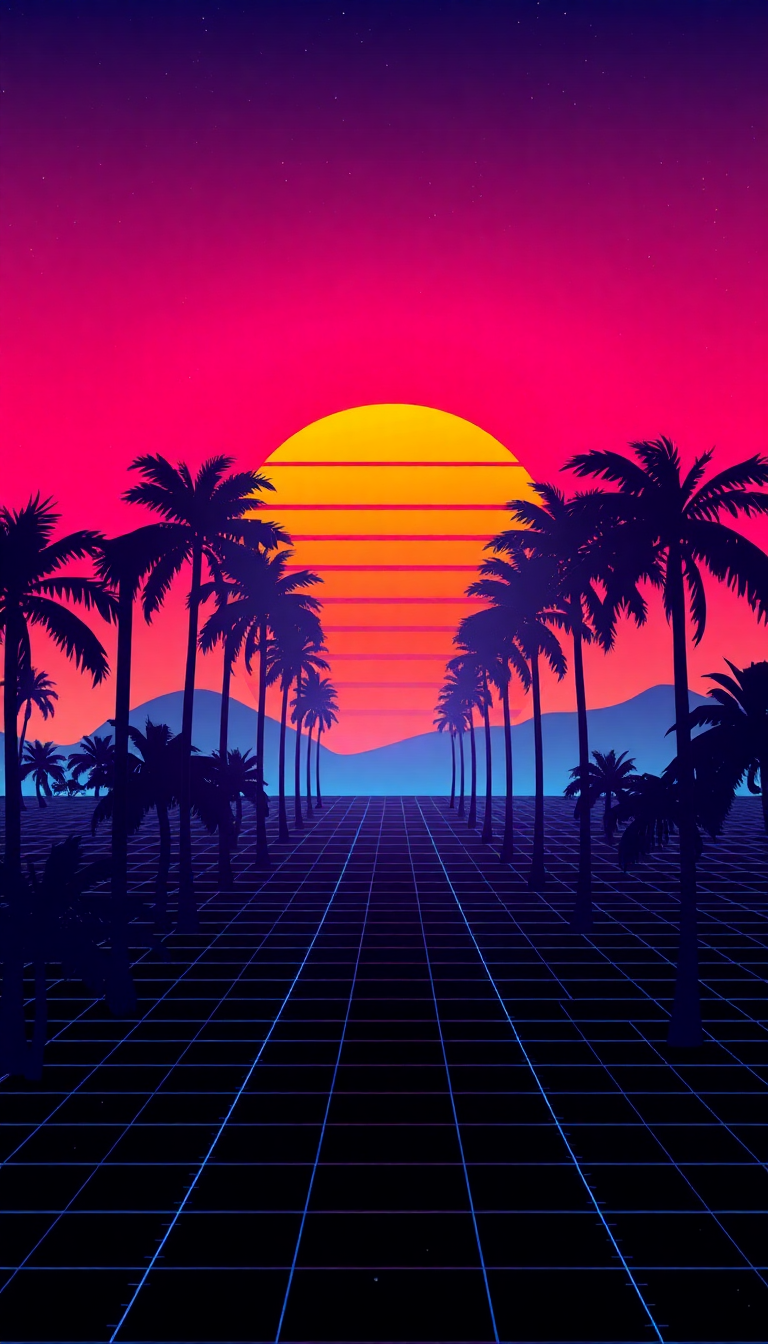 80s Synthwave Grid Sunset Palm Digital art Wallpaper